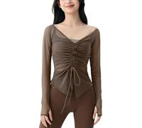 OKSakady Frauen Mesh Stoff Top Drawstring Taille Cinching Yoga Cover Up Sexy V-Ausschnitt Langärmeliges Hemd