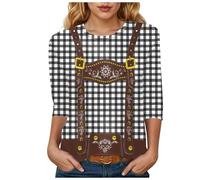 Oktoberfest Damen Outfit Kurzarm T-Shirt Oberteile Lederhose Druck Trachtenblusen Tshirt Tops V-Ausschnitt Knopfverschluss Tracht Hemd Bluse Trachtenhemd Rundhals Trachten Shirt Licht Trachtenshirt