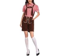 Oktoberfest Damen Outfit - Trachtenhemd Lederhose Tracht Kariertes Hemd Jumpsuit Bayerisches Oktoberfest Kostüm Set für Halloween Dress Up Party Karneval Wiesn und Bierfest Bier Bühnenshow