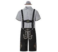 Oktoberfest Herren Outfit Komplett Set, Lederhose Herren Tracht Set Kurz 3 Teilig mit Trachtenhemd Kurzarm, Trachtenhut, Träger Trachtenhose. Bayrische Trachtenset Kurz für Bierfest Festlichkeiten