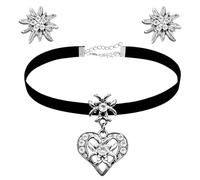 Oktoberfest Trachtenschmuck Damen Set - Edelweiß Halskette und Ohrstecker | Bayerisch Dirndl Trachtenkette, Bierfest Trachten Dirndl Trachtenschmuck (Schwarz)