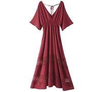 Olaesa Damen Spitze Maxikleid Kurzarm V Ausschnitt Partykleid Gesmokte Taille Boho Maxikleid Bohemian Kleid für Frauen, Dunkelrot, XX-Large