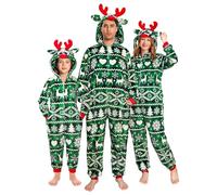 OLAOLA Familien-Pyjamas Weihnachten Matching, Kapuzen-Onesie Schlafanzug für Karneval und Halloween, Flanell Feiertagsschlafanzug (L, Rentier Grün)