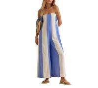 OLAPTA Gestreifter Jumpsuit für Damen, weites Bein, Sommer, lässig, trägerlos, lang, locker, trendig, einteiliges Outfit mit Taschen, blau / weiß, Large