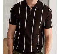 Old Money Style Herren-Strick-Poloshirt in Dunkelbraun mit kontrastierenden vertikalen Streifen, Sommer-T-Shirt mit Halb-Reißverschluss-Kragen und kur