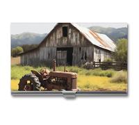 Old Wooden Barn Tractor Metal Business Card Case for Men Women Slim Pocket Purse Multi Wallet Professional Pocket Card Holder for Name Card Credit Card, Style, One Size, Stil:, Einheitsgröße