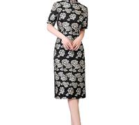OLEETS Damen Cheongsam Kleid - Herbst Retro Kurzarm Satin Qipao Chinesische Traditionelle Frauen Kleider Klassisch Elegante Kleidung Für Abend Bankett Party Schlanke Robe,Schwarz,3XL