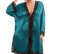 OLEETS Damen Nachthemden - Langarm Satin Sexy V-Ausschnitt Nachthemd Damen Nachtwäsche Kleider Spitze Plus Size Sommernachthemd Xl-5Xl Dessous Pyjama,Blau,XXL