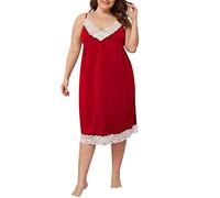 OLEETS Damen Nachthemden - Sexy Dessous Nachthemd Spitze Satin Nachtwäsche Sommer Frauen Ärmellos Spaghettiträger Pyjama Einfarbig Übergröße Hauskleidung, Rot, 4XL