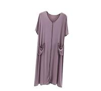 OLEETS Damen Nachthemden - Sommer-Hauskleidung, Langes Kleid, V-Ausschnitt, Tasche, Kurze Ärmel, Lockeres Nachthemd, Damen, Lässig, Schlicht, Modisch, Dessous, Loungewear, Lila, L