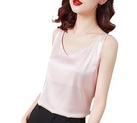 OLEETS Damen Unterhemd - EIS Seide Leibchen Frauen V-Ausschnitt Tops Weste Sommer Büro Tragen Kleidung Mode Elegante Einfache Streetwear Einfarbig, Rosa, XL