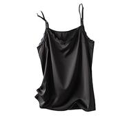 OLEETS Damen Unterhemd - Elegante Sommer-V-Ausschnitt-Seide-Frauen-Reizvolle Spitze, Die Hemd-Ärmellose Oberteile Satin-Unterhemd-Lose Beiläufige Büro-Partei-Kleidung, Schwarz, M