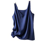 OLEETS Damen Unterhemd - Seide Camisole Frauen Sommer Sexy Lose Oberbekleidung Ärmellose Tops V-Ausschnitt Weste Große Größe Büro Party Kleidung Vintage Elegant, Blau, 3XL