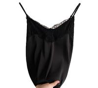 OLEETS Damen Unterhemd - Sexy Spitze Damen Satin Seide V-Ausschnitt Slim Tops Sommer Ärmellose Weste Spaghettiträger Lässig Bequem Elegant Büro Party Kleidung,Schwarz,M