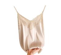 OLEETS Damen Unterhemd - Sexy Spitze Frauen Satin Seide V-Ausschnitt Slim Tops Sommer Ärmellose Weste Spaghettiträger Lässig Bequem Elegante Büro Party Kleidung,Khaki,M