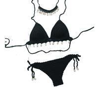 OLEETS Häkel Bikini Set Für Damen -3 Stück Muschel-Quasten-Oberteil, Sexy Tanga, Ausgehöhlter Badeanzug Mit Niedriger Taille, Modischer Spaghetti-Träger, Sommer-Badeanzug, Schwarz, S