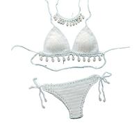 OLEETS Häkel Bikini Set Für Damen -3 Stück Muschel-Quasten-Oberteil, Sexy Tanga, Ausgehöhlter Badeanzug Mit Niedriger Taille, Modischer Spaghetti-Träger, Sommer-Badeanzug, Weiß, L