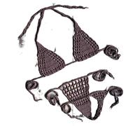 OLEETS Häkel Bikini Set Für Damen -Handgefertigte Gestrickte Bademode, Sexy Zweiteiliger Badeanzug Mit Niedriger Taille, V-Ausschnitt, Rückenfreier Badeanzug, Sommerkleidung, Braun, L