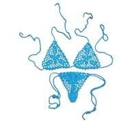 OLEETS Häkel Bikini Set Für Damen -Handgefertigter Gestrickter Badeanzug, Sommer, Sexy Neckholder-Strick-Bikini-Set, Hohler Strandrock, V-Ausschnitt, Bademode, Modische Vintage-Kleidung, Blau, S