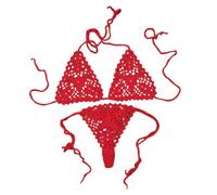 OLEETS Häkel Bikini Set Für Damen -Handgefertigter Gestrickter Badeanzug, Sommer, Sexy Neckholder-Strick-Bikini-Set, Hohler Strandrock, Niedrige Taille, Bademode, Modische Vintage-Kleidung, Rot, S