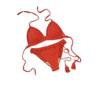 OLEETS Häkel Bikini Set Für Damen -Sexy Handgefertigte Strick-Bademode, Sommer-Strand-Push-Up-Bikini-Set, Neckholder-Strandrock, Gestrickt, Modische Strandmode, V-Ausschnitt, Einfarbig, Rot, M