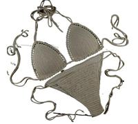 OLEETS Häkel Bikini Set Für Damen -Sommer-Bademode, Push-Up, 2-Teilig, Handgefertigt, Gestrickt, Sling, Hohl, Badeanzug, V-Ausschnitt, Vintage, Einfarbig, Strandmode, Khaki, L