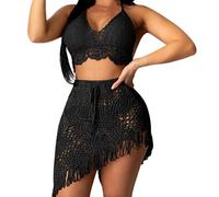 OLEETS Häkel Bikini Set Für Damen -Sommer-Strickrock, 2-Teiliger Badeanzug, Hohles Oberteil, Unregelmäßige Kleider, Sommer-Badeanzug, Hohe Taille, Modisch, Schwarz, L