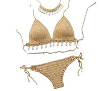 OLEETS Häkel Bikini Set Für Damen -Stück Muschel-Quasten-Oberteil, Sexy Tanga, Ausgehöhlter Badeanzug Mit Niedriger Taille, Modischer Spaghetti-Träger, Sommer-Badeanzug, Khaki, M