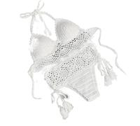 OLEETS Häkel Bikini Set Für Damen -Vintage Handgefertigte Gestrickte Sexy Push-Up-Bademode, Sommer-Zweiteiler-Badeanzug, V-Ausschnitt, Neckholder, Strandmode, Weiß, L
