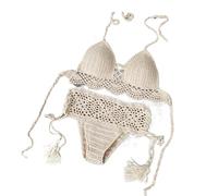 OLEETS Häkel Bikini Set Für Damen -Vintage Handgemachte Gestrickte Sexy Push-Up-Bademode Sommer Zweiteiliger Badeanzug V-Ausschnitt Neckholder Strandmode,Khaki,L