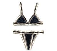 OLEETS Häkel Bikini Set Für Damen -Zweiteiliger Badeanzug Für Damen, Samt, Handgefertigt, Gestrickt, Bademode, Sommer-Sling, Strandmode, Einfarbig, Vintage-Mode, Kleidung, Schwarz, M