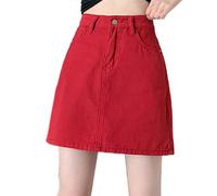 OLEETS Kurzer Jeansrock Für Damen - Frühling Sommer Frauen Hohe Taille Lose Rock Streetwear Taste A-Linie Röcke Böden Mode Vintage Für Büro Arbeit Party, Rot, L