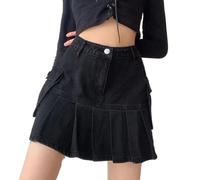 OLEETS Kurzer Jeansrock Für Damen - Minirock Frauen Hohe Taille Patchwork Denim Faltenröcke Frühling Herbst Mit Taschen Mode Vintage Sexy Streetwear Plus Größe,Schwarz,L