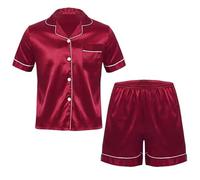 OLEETS Pyjama-Set Für Herren - Herren Nachtwäsche Satin Loungewear Kurzarm Knopfleiste Hemd Tops Nachtwäsche M-3Xl Mode Klassische Sommerkleidung Einfarbig,Rot,3XL