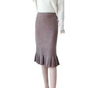 OLEETS Strickrock Für Damen - Damen-Eleganter Strickrock, Herbst-Winter, Plissiert, Rüschen, Elastisch, Hohe Taille, Einfarbig, Warm, Für Party, Abschlussball, Büro, Streetwear, Khaki, XXL