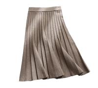 OLEETS Strickrock Für Damen - Einfacher, Lässiger, Langer, 75 cm Dicker Strickrock, Herbst-Winter, Warm, Elastisch, Hohe Taille, A-Linie, Faltenröcke Für Party, Abschlussball, Braun, XXL