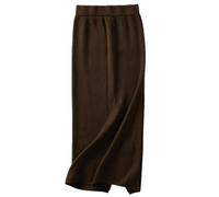 OLEETS Strickrock Für Damen - Elegante Einfarbige Lange 82 cm Geteilte Mittellange Röcke Herbst Winter Elastischer A-Linien-Strickrock Mit Hoher Taille Schlank Warm Für Die Arbeit Im Büro,Braun
