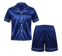 OLEETS Zweiteiliges Pyjama-Set Für Herren - Herren Nachtwäsche Satin Loungewear Kurzarm Knopfleiste Hemd Tops Nachtwäsche M-3Xl Mode Klassische Sommerkleidung Einfarbig,Blau,XL