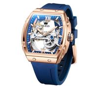 OLEVS Armbanduhr für Herren, Skelett, automatisch, Tonneau-Silikonband, Business, Luxus, wasserdicht, leuchtend, mechanisch, Herren-Armbanduhr, Skelett-Uhr: Blau