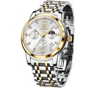 OLEVS Armbanduhr Herren Silber Gold Edelstahl Quarz Analog Uhr Herren Metallarmband Großes Chronograph Herrenuhr Weiß Zifferblatt Leuchtend Wasserdicht Uhren Männer mit Datum Mondphase