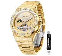 OLEVS Automatikuhr für Herren, 44 mm, großes Zifferblatt, mattiertes Gold, achteckig, selbstaufziehend, Diamant, wasserdicht, Edelstahl, Tourbillon, Skelett, mechanisch, Mattiertes Gold, Business