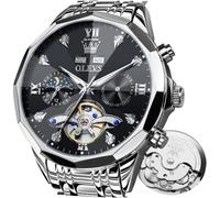OLEVS Automatikuhr für Herren, luxuriös, selbstaufziehend, multifunktional, für Herren, Kalenderuhr, Edelstahl, wasserdicht, leuchtende Herrenuhren, 6621: Silber, Schwarz