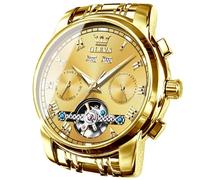 OLEVS Automatikuhr für Herren, selbstaufziehend, mechanisch, Luxus, Business, Edelstahl, mehrere Kalender, wasserdicht, leuchtende Armbanduhren, Gold, Mechanische, automatische Armbanduhr