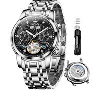 OLEVS Automatikuhren für Herren, Business-Kleid, mechanische Uhr, Edelstahl, wasserdicht, selbstaufziehend, klassisches Datum, luxuriös, Diamant-Skelett, Herren-Armbanduhr, 7088 Silber, Schwarz, 7088