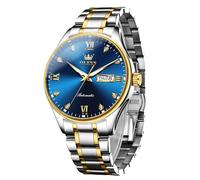 OLEVS Automatikuhren für Herren, selbstaufziehend, mechanische Armbanduhr, Luxus, Business, Edelstahl, leuchtend, wasserdicht, Kalenderuhr, Zweifarbig und goldblau, Kleid