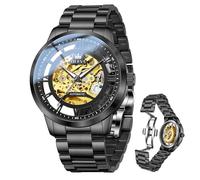 OLEVS Automatikuhren für Herren, Skelett, luxuriös, goldfarbenes Kleid, Edelstahl, selbstaufziehend, mechanisch, wasserdicht, Herrenuhr mit Leuchtzeigern - ideales Geschenk, 6728: Schwarzes Armband