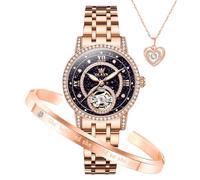 OLEVS Automatische Damenuhren, mechanisches Diamant-Skelett, luxuriöses Kleid, Edelstahl, Silber/Roségold, wasserdicht, leuchtend, Damen-Armbanduhren, Geschenk-Set, 7036: Rotgoldenes Armband und