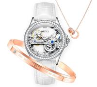 OLEVS Automatische Damenuhren, mechanisches Diamant-Skelett, luxuriöses Kleid, Edelstahl, Silber/Roségold, wasserdicht, leuchtend, Damen-Armbanduhren, Geschenk-Set, 6699: Lederarmband, Classic