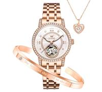 OLEVS Automatische Damenuhren, mechanisches Diamant-Skelett, luxuriöses Kleid, Edelstahl, Silber/Roségold, wasserdicht, leuchtend, Damen-Armbanduhren, Geschenk-Set, 7036: Rotgoldenes Armband und