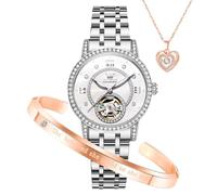 OLEVS Automatische Damenuhren, mechanisches Diamant-Skelett, luxuriöses Kleid, Edelstahl, Silber/Roségold, wasserdicht, leuchtend, Damen-Armbanduhren, Geschenk-Set, 7036: Silbernes Armband und